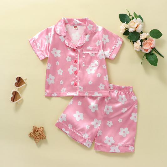 Baby Girls Pink Flowers Buttons Top Summer Shorts Pajamas Clothes Sets Preorder