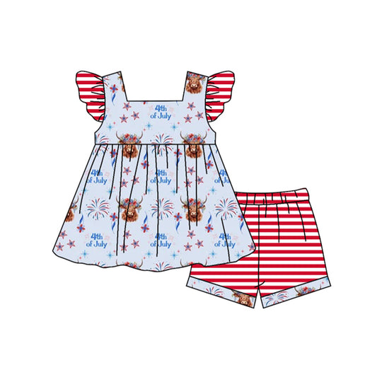 Baby Girls 4th Of July Highland Cow Top Summer Shorts Clothes Sets Preorder