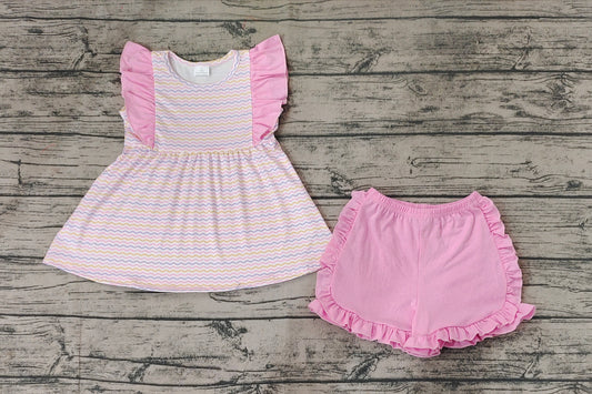 Baby Girls Wave Stripes Tunic Ruffle Shorts Clothes Sets