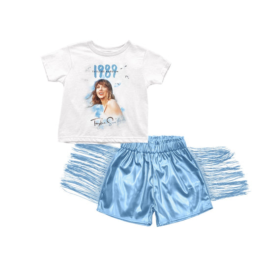 Baby Girls White Singer 1989 Shirts Tops Leather Blue Tassel Shorts Clothes Sets Preorder