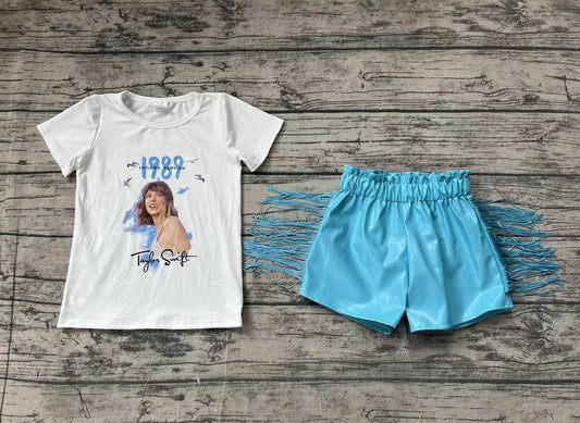 Baby Girls White Singer 1989 Shirts Tops Leather Blue Tassel Shorts Clothes Sets Preorder