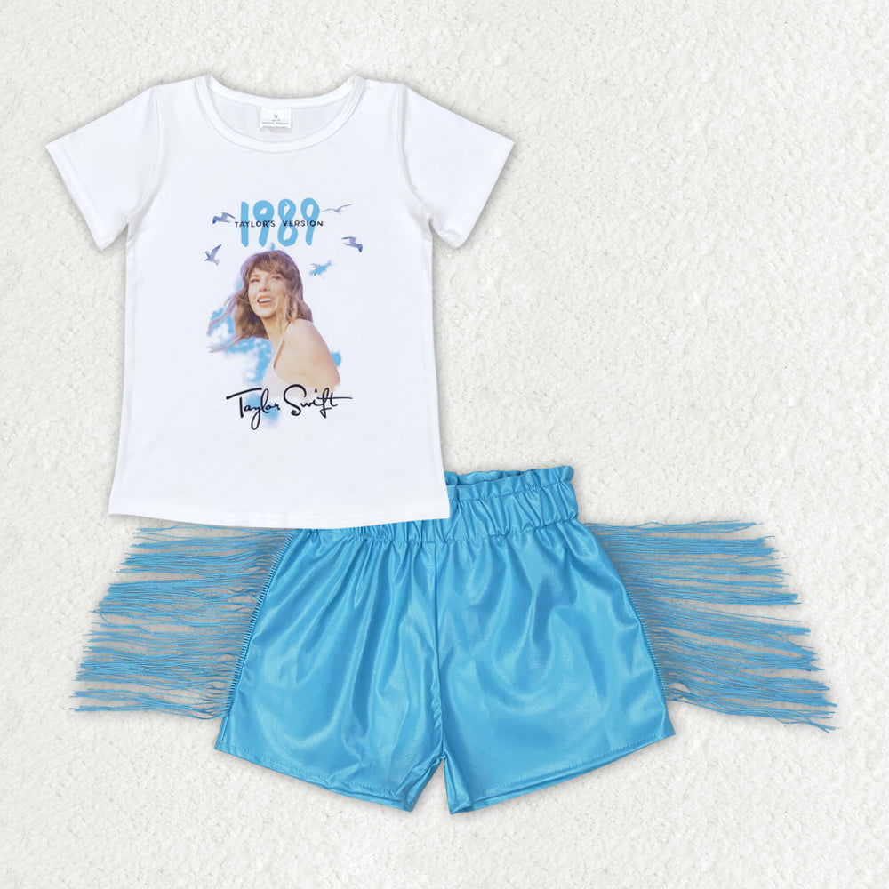 Baby Girls Singer 1989 Shirts Tops Leather Blue Tassel Shorts Clothes Sets