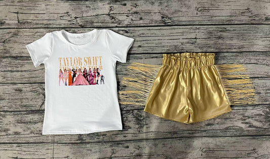 Baby Girls White Singer Eras Shirts Tops Leather Gold Tassel Shorts Clothes Sets