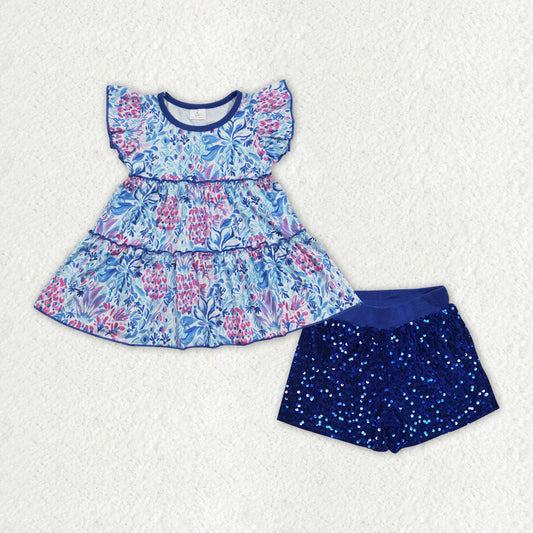 Baby Girls Blue Flowers Tunic Top Sequin Shorts Clothes Sets