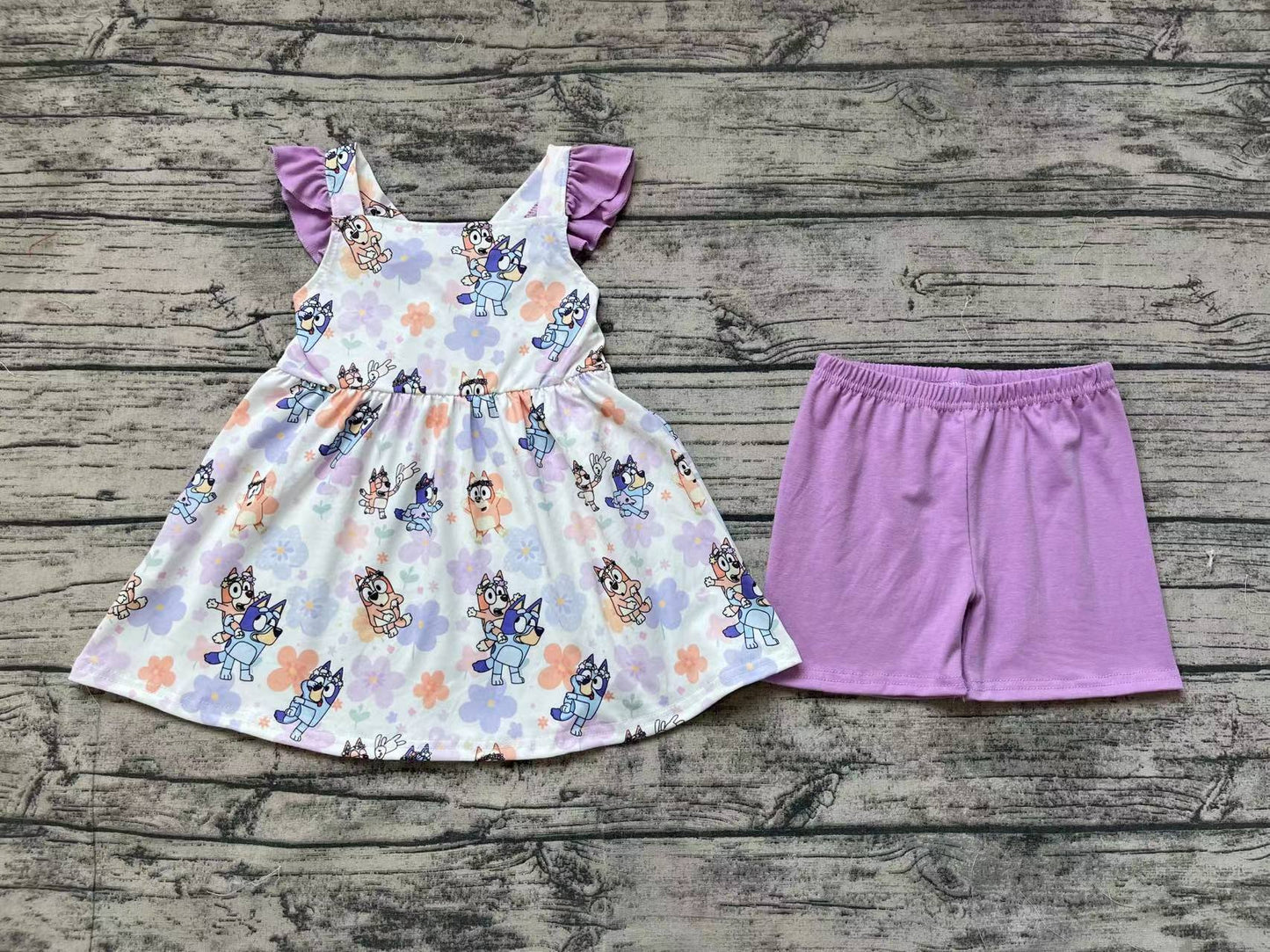 Baby Girls Dogs Flowers Tunic Lavender Shorts Clothes Sets