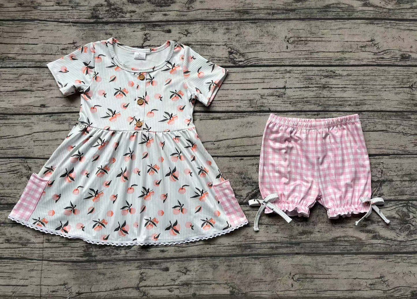 Baby Girls Peaches Tunic Pink Checkered Bows Shorts Clothes Sets