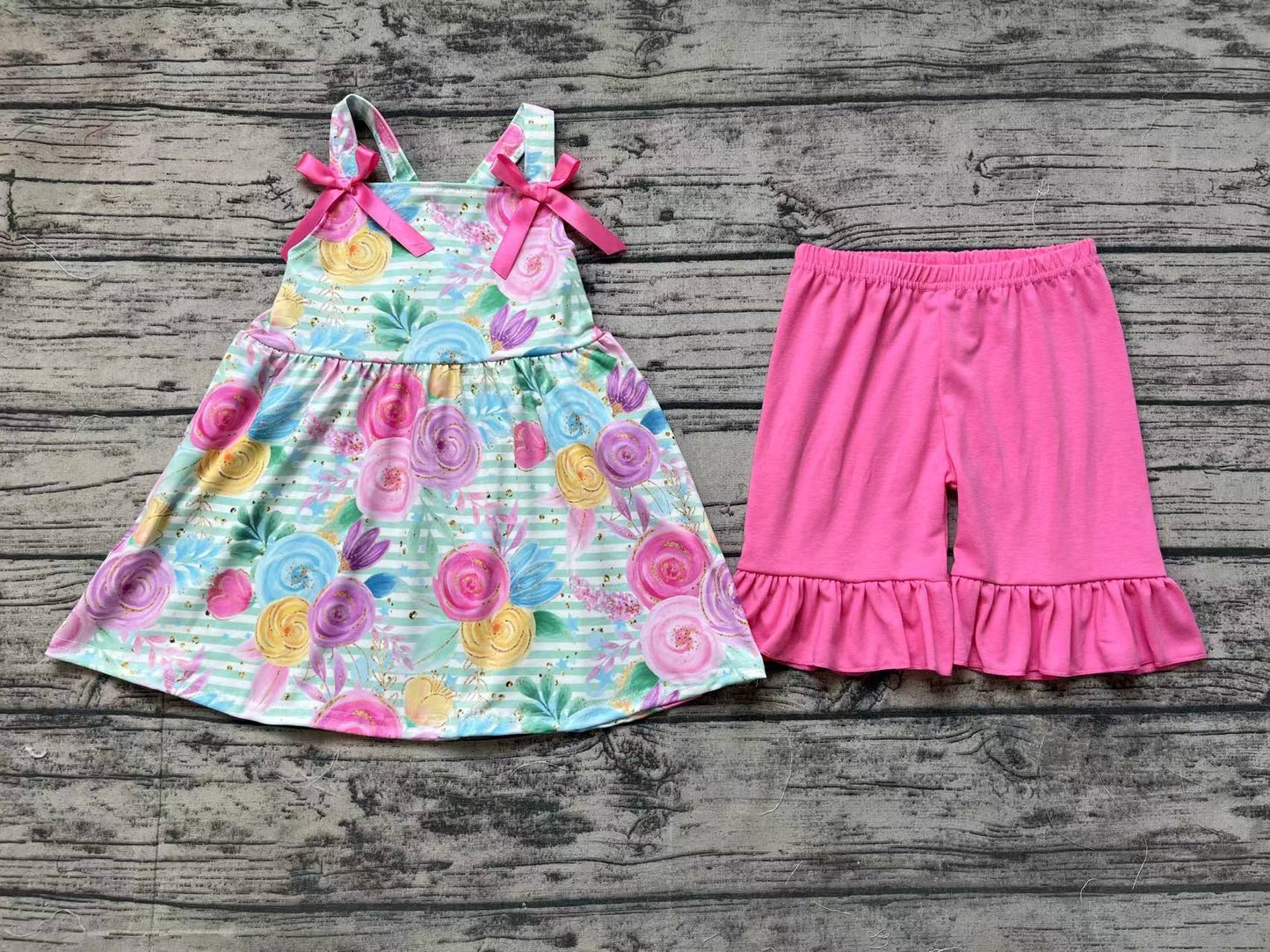 Baby Girls Green Stripes Flowers Bows Tunic Ruffle Shorts Clothes Sets