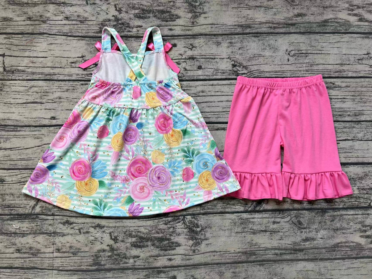 Baby Girls Green Stripes Flowers Bows Tunic Ruffle Shorts Clothes Sets