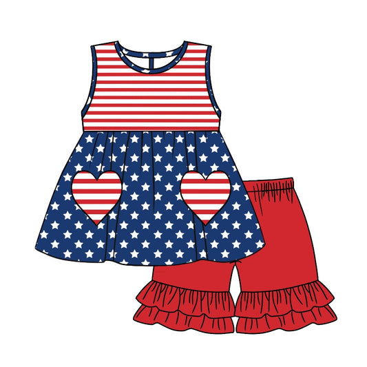 Baby Girls 4th Of July Stars Tunic Ruffle Shorts Clothes Sets Preorder