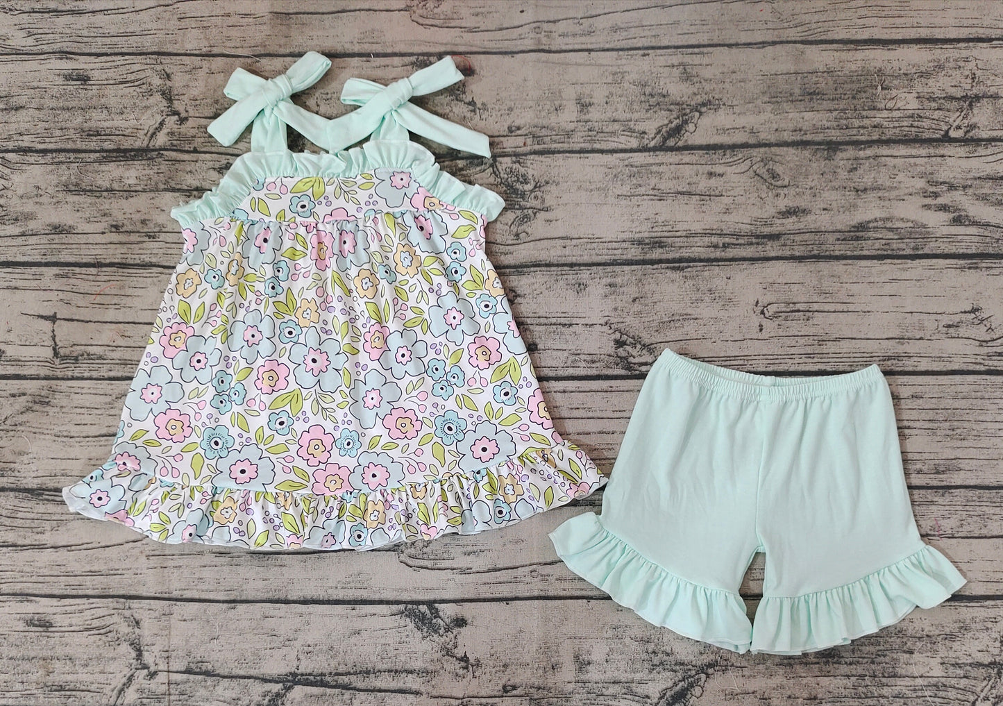 Baby Girls Green Flowers Flutter Sleeve Tunic Ruffle Shorts Clothes Sets