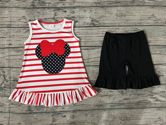 Baby Girls Red Stripes Mouse Cartoon Tunic Ruffle Shorts Clothes Sets