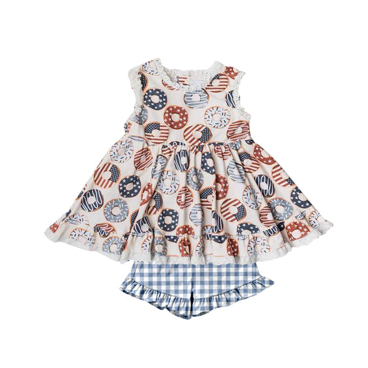Baby Girls 4th Of July Donuts Tunic Ruffle Shorts Clothes Sets Preorder
