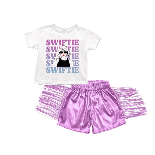 Baby Girls Singer Shirts Tops Lavender Leather Tassel Shorts Clothes Sets Preorder