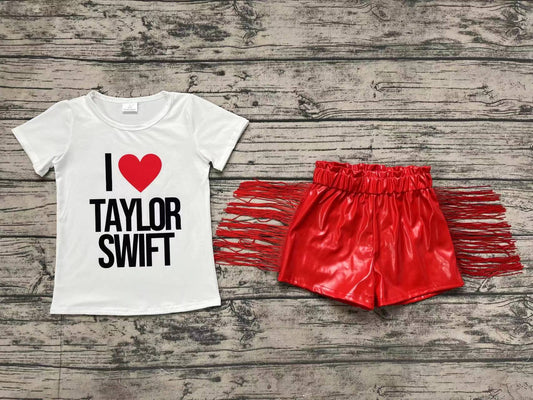 Baby Girls I Love Singer Shirts Tops Red Leather Tassel Shorts Clothes Sets