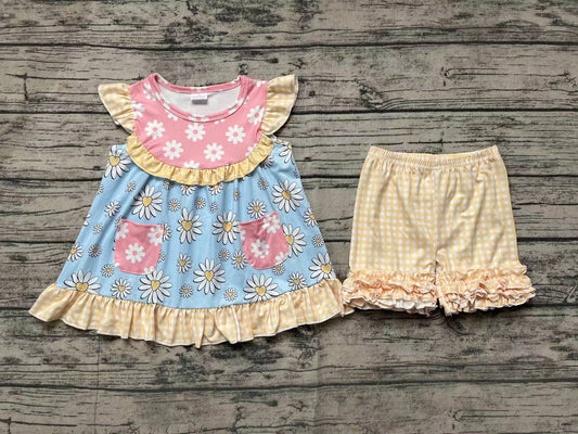 Baby Girls Sunflowers Flutter Sleeve Tunic Ruffle Shorts Clothes Sets