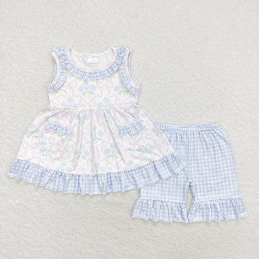 Sibling Baby Girls Bows Flowers Pockets Tunic Ruffle Shorts Clothes Sets Rompers
