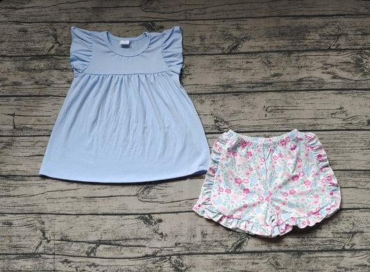 Baby Girls Blue Flutter Sleeve Tunic Top Ruffle Floral Shorts Clothes Sets