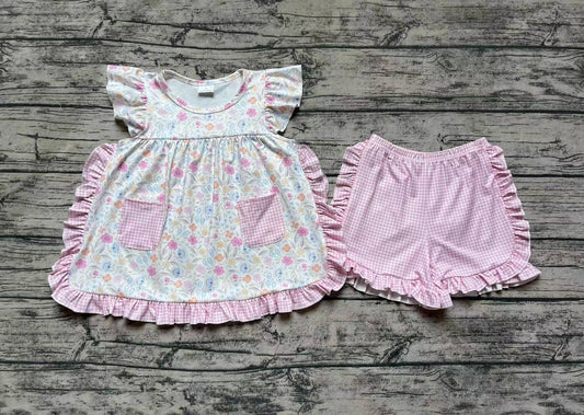 Baby Girls Pink Flowers Pockets Tunic Top Ruffle Shorts Clothes Sets