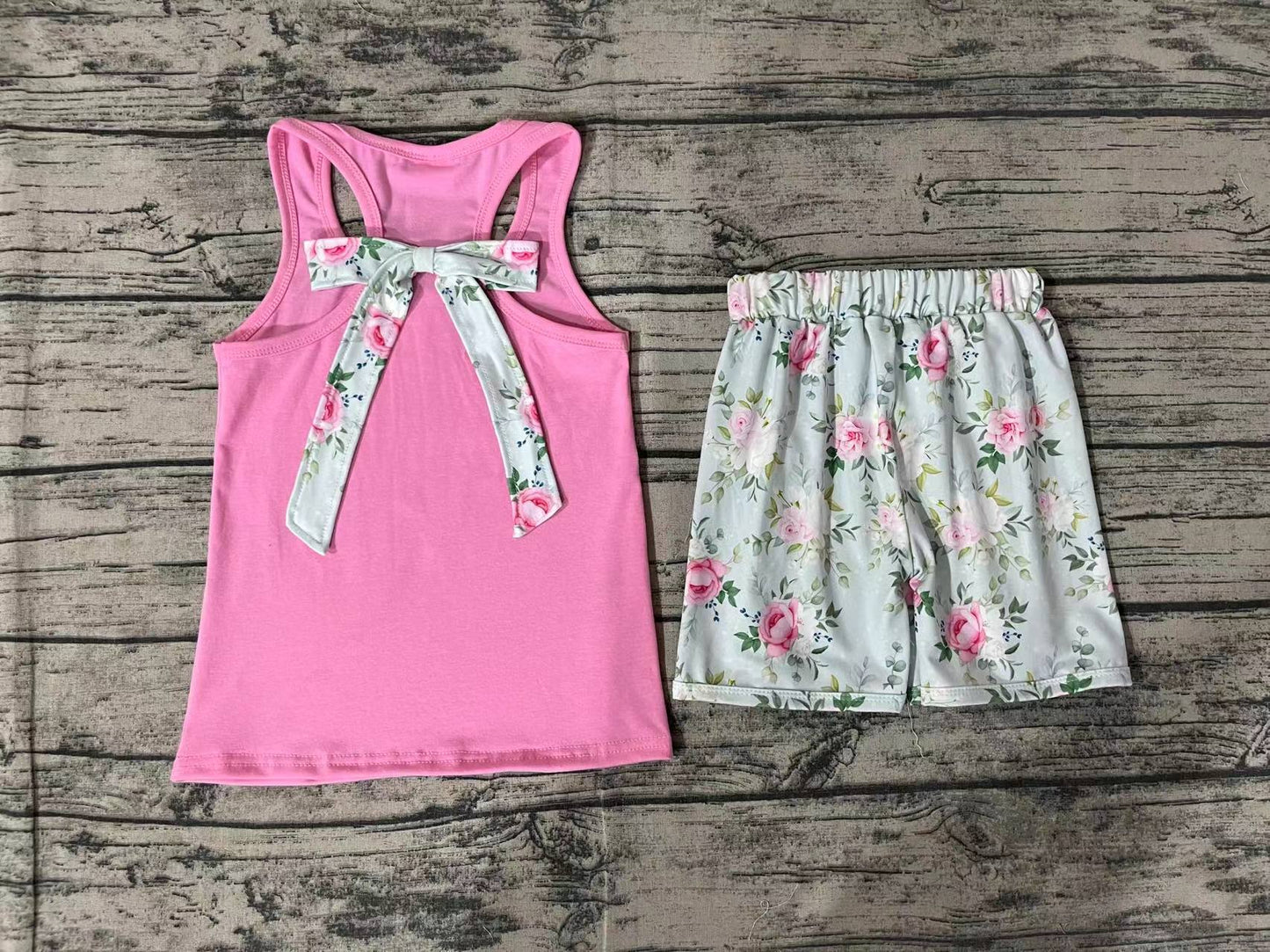 Baby Girls Pink Vest Bows Top Ruffle Floral Shorts Clothes Sets