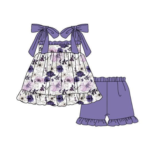 Baby Girls Purple Flowers Straps Tunic Shorts Clothes Sets Preorder