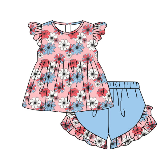 Baby Girls Pink Flowers Tunic Ruffle Blue Shorts Clothes Sets Preorder