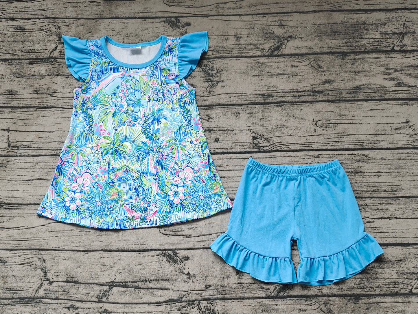 Baby Girls Blue Flowers Pink Tunic Ruffle Shorts Clothes Sets