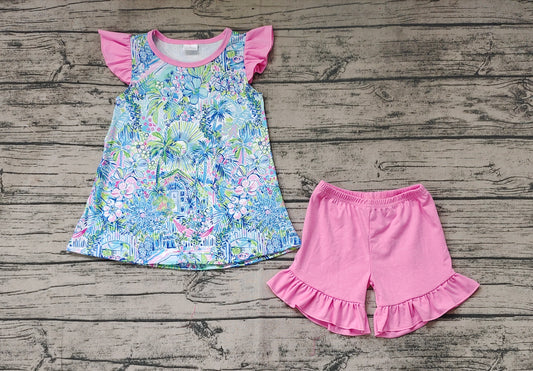 Baby Girls Blue Flowers Tunic Ruffle Shorts Clothes Sets