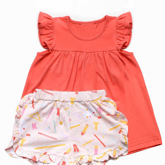 Baby Girls Back Top School Tunic Rulers Ruffle Shorts Clothes Sets Preorder