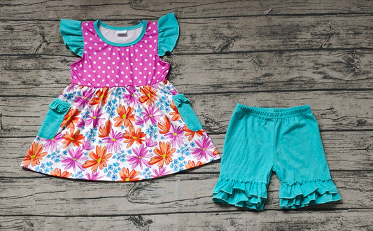 Baby Girls Dots Flowers Tunic Top Ruffle Shorts Clothes Sets