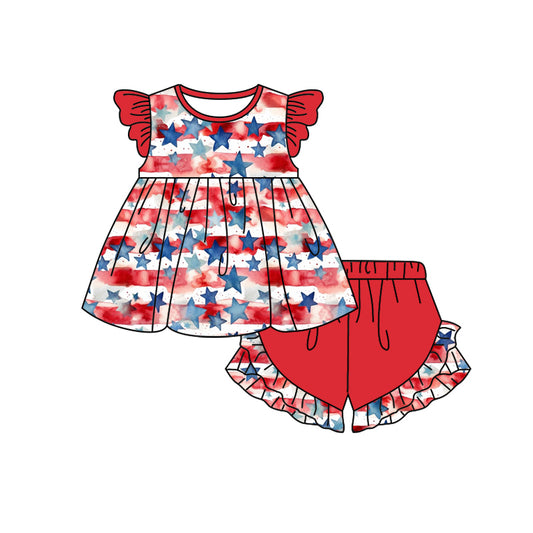 Baby Girls 4th Of July Stripes Stars Tunic Ruffle Shorts Clothes Sets Preorder