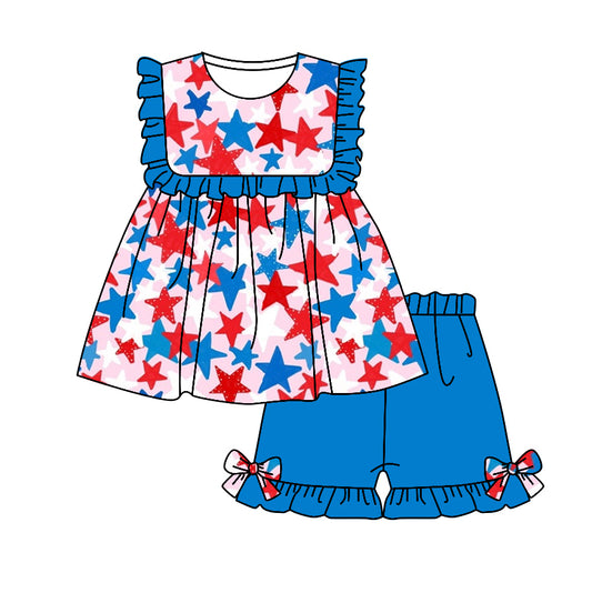 Baby Girls 4th Of July Stars Tunic Ruffle Shorts Clothes Sets Preorder