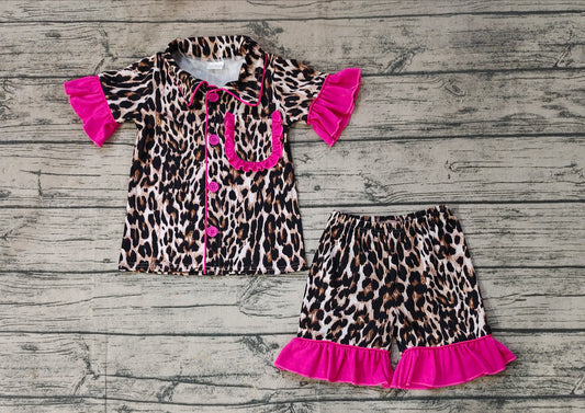 Baby Girls Leopard Pockets Shirts Ruffle Shorts Pajamas Clothes Sets