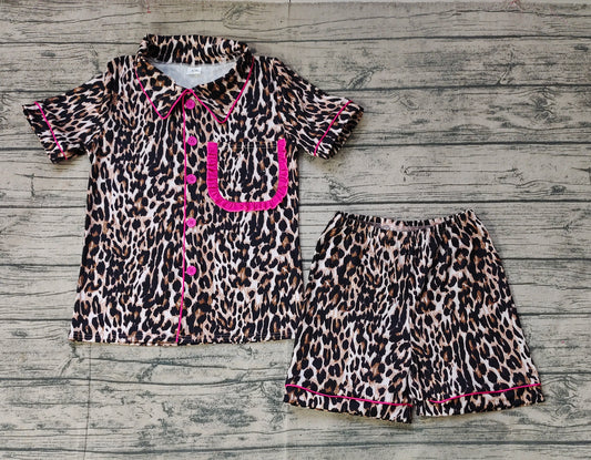 Adult Women Leopard Buttons Shirt Shorts Pajamas Clothes Sets