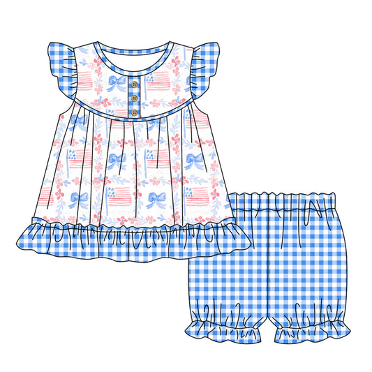 Baby Girls Blue Bows Flags Tunic Shorts Clothes Sets Preorder