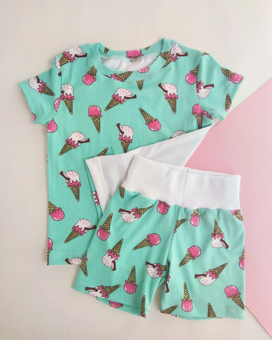 Baby Girls Summer Green Popstick Shirt Shorts Pajamas Clothes Sets Preorder