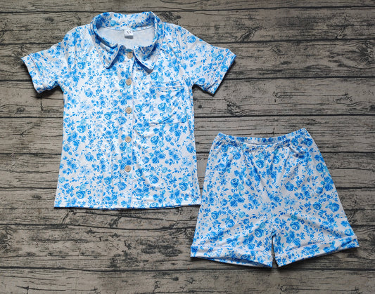 Adult Blue Color Flowers Short Sleeve Buttons Tee Shorts Pajamas Sets Preorder