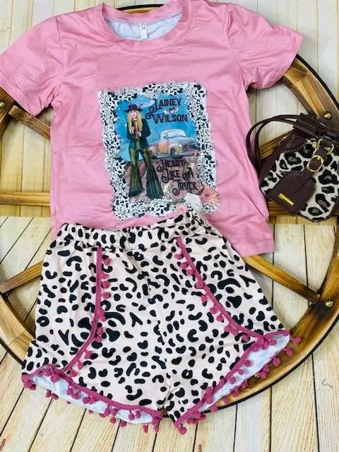 Baby Girls Singer Pink Shirt Leopard Ruffle Shorts Clothes Sets Preorder