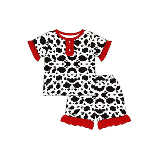 Baby Girls Cow Print Ruffle Shirt Shorts Pajamas Clothes Sets Preorder