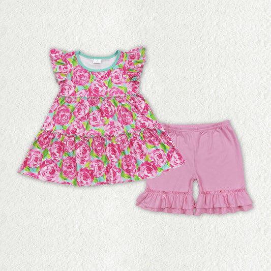Baby Girls Rose Flowers Tunic Top Pink Ruffle Shorts Clothes Sets