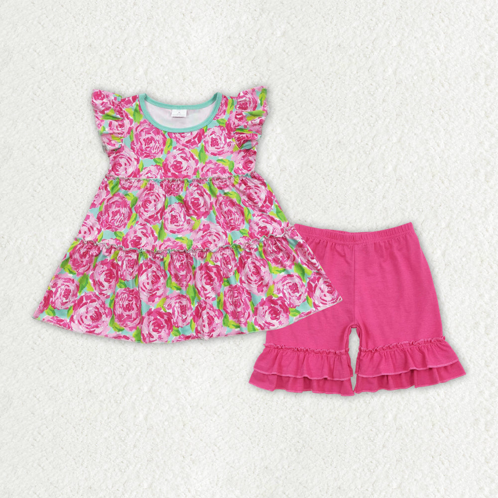 Baby Girls Pink Rose Flowers Tunic Top Ruffle Shorts Clothes Sets