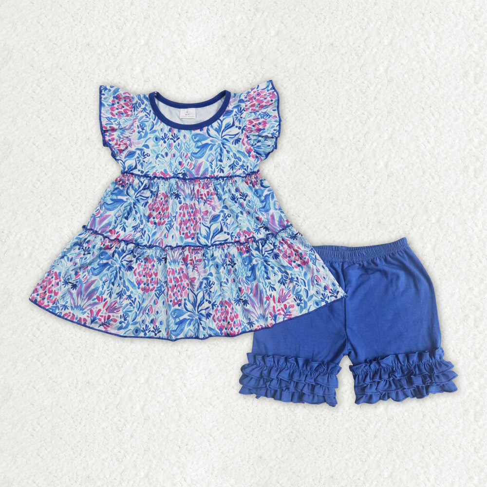 Baby Girls Blue Flowers Tunic Shirts Top Icing Shorts Clothes Sets