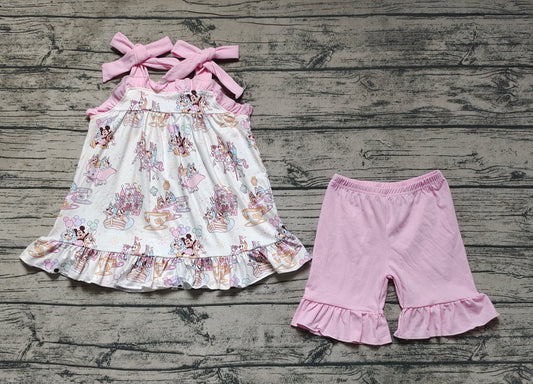 Baby Girls Cartoon Castle Straps Tunic Top Ruffle Shorts Clothes Sets