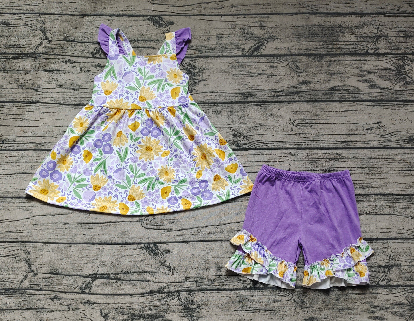 Baby Girls Purple Flowers Tunic Top Ruffle Shorts Clothes Sets