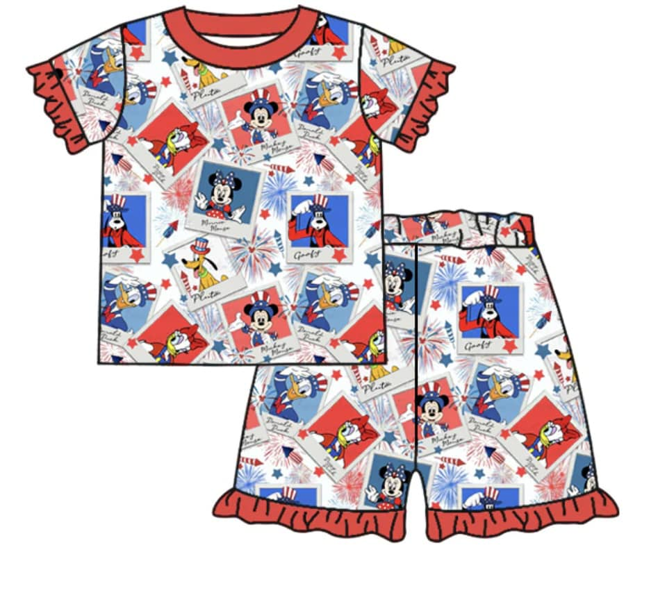 Baby Girls Summer 4th Of July Cartoon Shirts Shorts Pajamas Clothes Sets Preorder