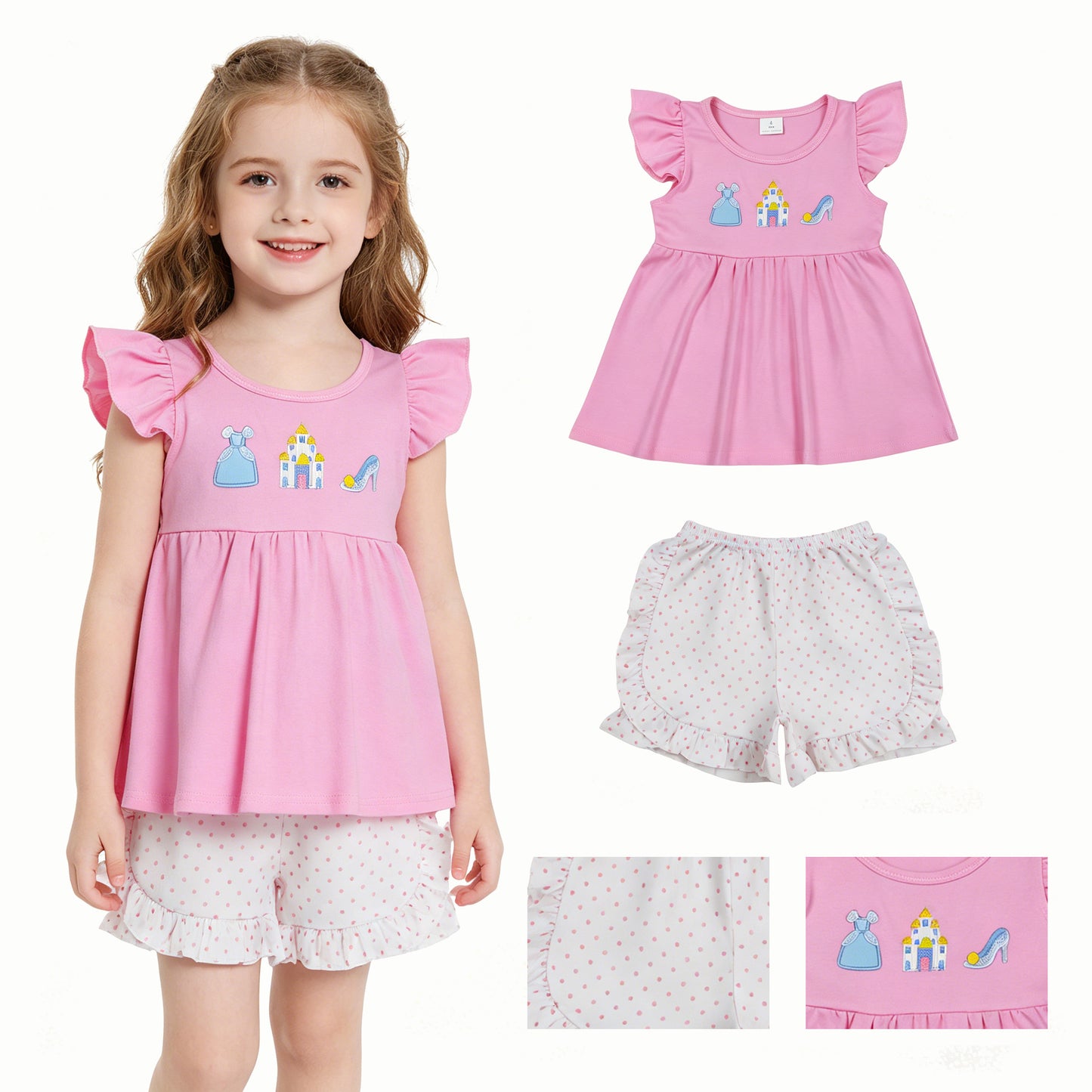 Embroidery Princess Baby Girls Flutter Sleeve Tunic Ruffle Shorts Clothes Sets
