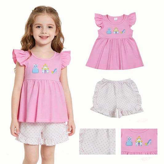 Embroidery Princess Baby Girls Flutter Sleeve Tunic Ruffle Shorts Clothes Sets