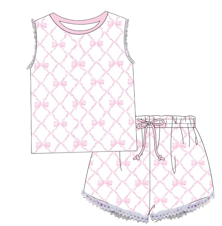 Baby Girls Bamboo Pink Bows Shirt Ruffle Shorts Clothes Sets Preorder