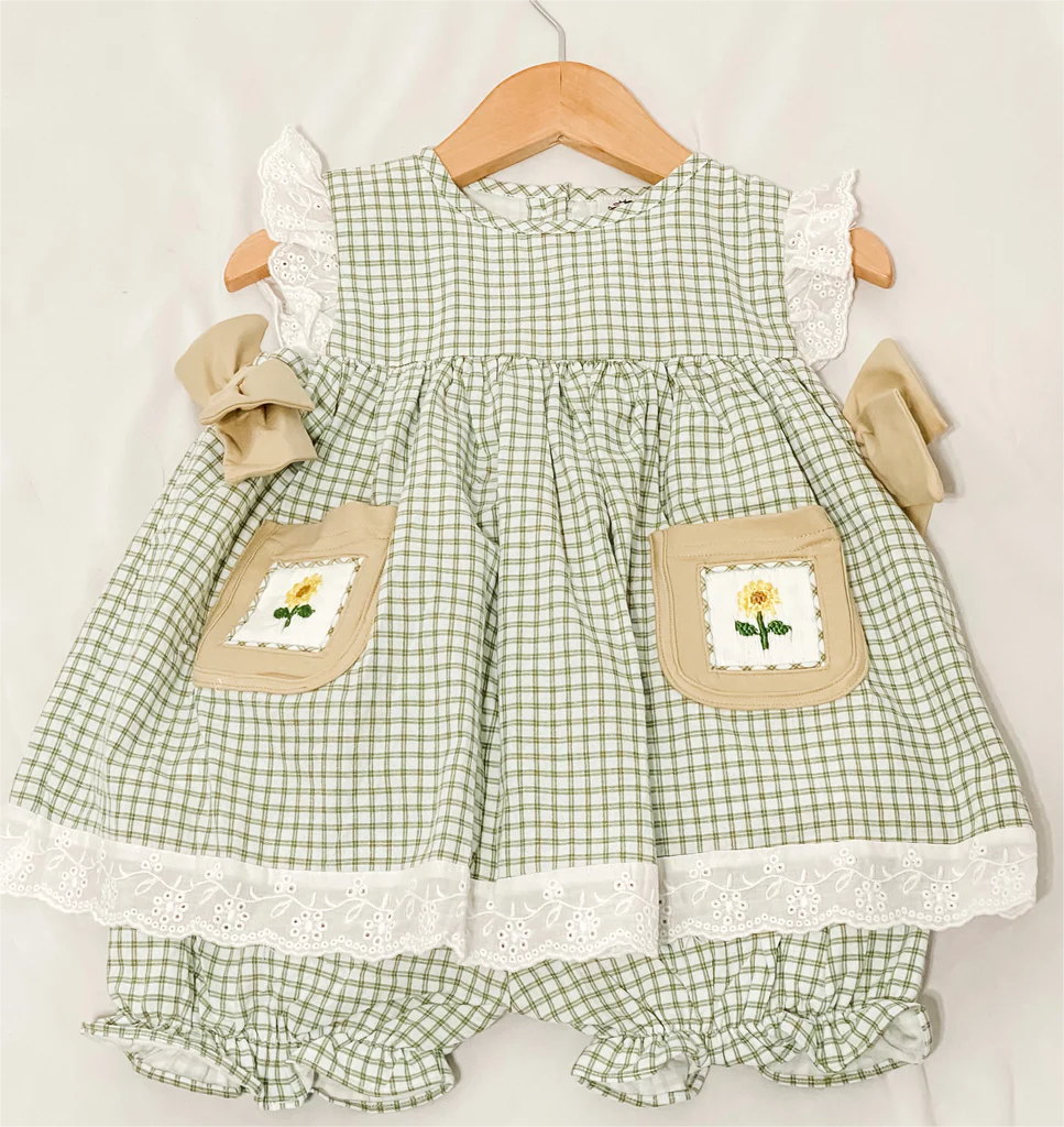 Baby Girls Green Checkered Flowers Pocket Tunic Shorts Clothes Sets Preorder