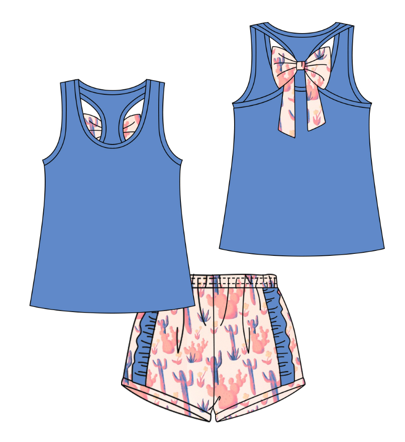 Baby Girls Bows Vest Shirt Ruffle Blue Cactus Shorts Clothes Sets Preorder