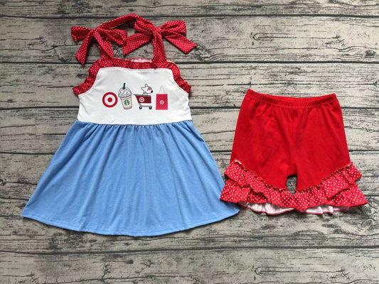 Baby Girls Coffee Cart Straps Tunic Ruffle Shorts Clothes Sets